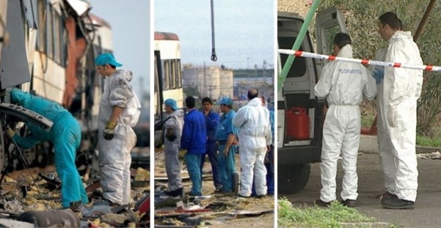 A la izquierda y centro, personal enguantado y con monos blancos investigando los coches 4 y 5. A la derecha, agentes de la Policía Científica en una investigación ajena al 11-M