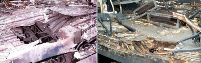 A la izquierda, cráter del coche 4 de Atocha; a la derecha, cráter del coche 4 de Santa Eugenia