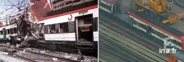 A la izquierda el coche 6 tras el atentado, a la derecha ya a punto de ser retirado, con el foco de explosión totalmente destruido