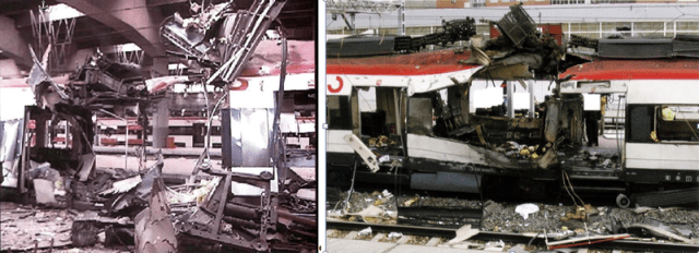 A la izquierda, foco del coche 4 de Atocha; a la derecha, foco del coche 4 de Santa Eugenia