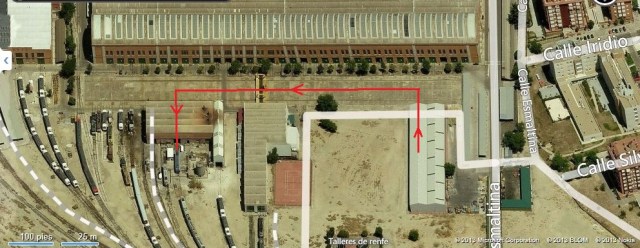 Itinerario seguido en el traslado del coche 2 de Téllez desde la nave en la que quedó inicialmente apartado hasta el lugar que tenía en enero de 2012. Un carro transbordador serviría para el traslado transversal