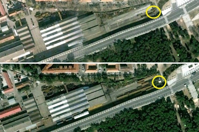 Arriba, el taller de Tafesa el 21 de julio de 2007, abajo el mismo taller el 19 de octubre de 2007. En el círculo amarillo la aparición del cobertizo blanco que albergaba los restos de le tren