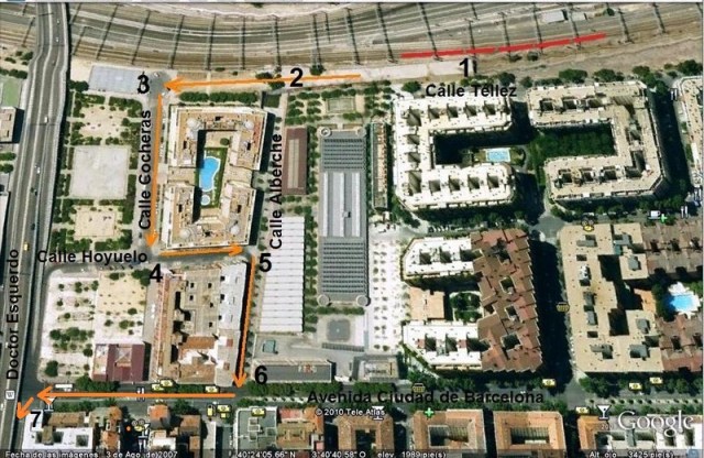 Itinerario entre la calle Téllez y la calle del Doctor Esquerdo. Los puntos numerados en esta foto servirán de referencia para situar otras fotos posteriores