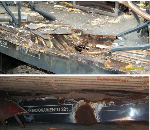 El cráter del foco de Santa Eugenia en Vicálvaro (arriba) y en el taller de Tafesa (abajo), en el que sólo se ve el borde de la pieza con el rótulo, el resto queda tapado por las piezas que están por debajo (la foto está invertida)