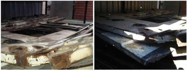 A la izquierda, interior del cobertizo en febrero de 2011, a la derecha mismo interior en septiembre de 2013