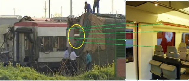 Identificación del elemento 3. La zona del corte no ha sufrido grandes destrozos por una explosión, es un corte posterior, pues todavía se ven, parece que en buen estado, el cabezal de un asiento, la bandeja portaequipajes y la barra vertical del quicio de la puerta