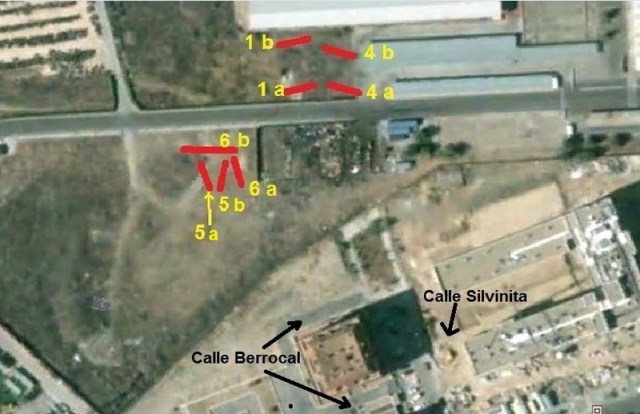 Ubicación de los cuatro coches explotados del tren de Téllez. La indicación “a” corresponde a las mitades delanteras, la “b” a las traseras