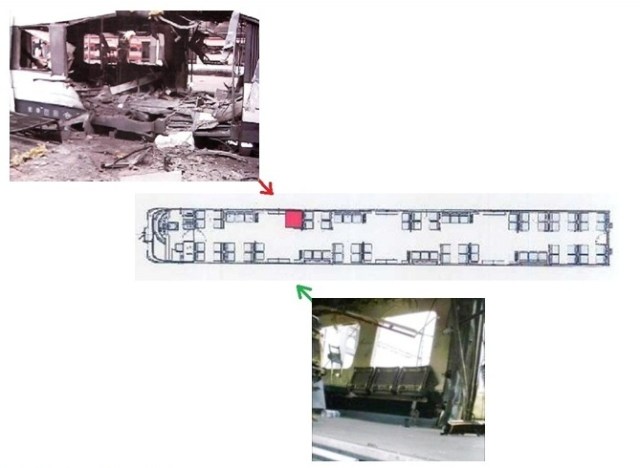 A la izquierda, el coche 4 en Atocha. A la derecha, a su salida de la estación Las flechas indican la dirección de toma de cada foto