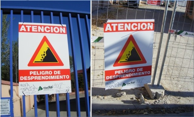 El cartel del 7 de octubre (izquierda), arrancado en su día y retirado con las propias puertas, es el mismo que el vuelto a colocar antes del 4 de diciembre (derecha)