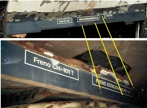 Identificación de las chapas. Arriba el borde del suelo junto al foco de explosión de Santa Eugenia, abajo una de las piezas almacenadas en el cobertizo de Tafesa