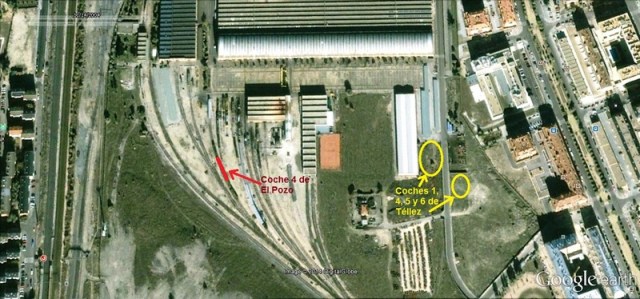 Lugares del TCR de Villaverde en los que estuvieron depositados los coches explotados en Téllez y el coche 4 explotado en El Pozo