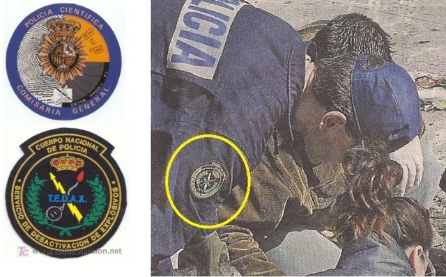 El escudo de los Tedax (abajo y en la manga del agente de El Pozo) y el de la Policía Científica (arriba)