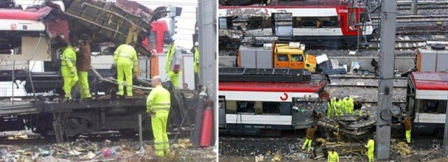 El tren de Atocha pasa muy despacio tras el coche 6 de Téllez, en el cual se está retirando el techo situado sobre el foco de la explosión