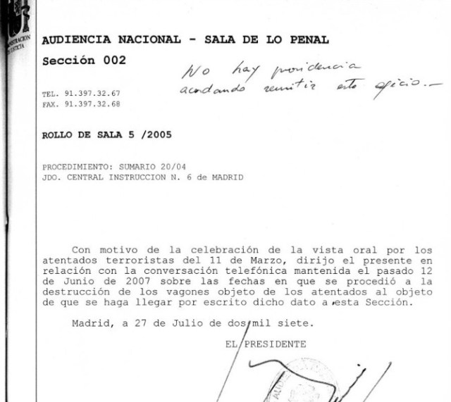 Documento 3.- Oficio de la Audiencia Nacional a Renfe de 27 de julio de 2007