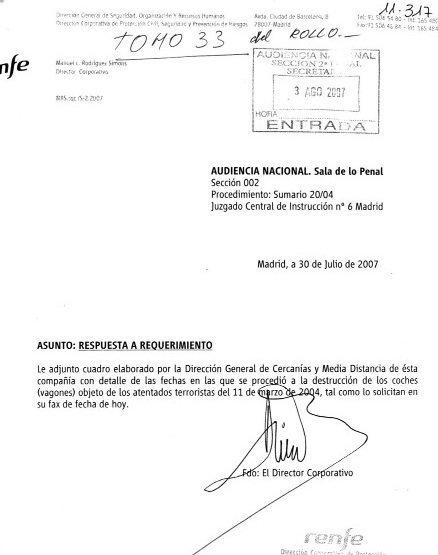 Documento 4.- Carta de respuesta de Renfe a la Audiencia Nacional de 30 de julio de 2007