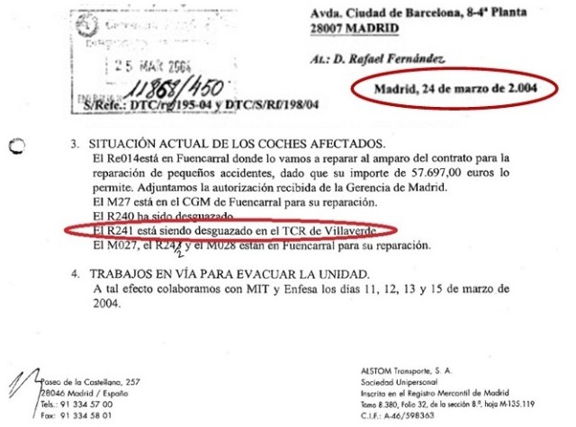 Documento 7.- Escrito de Alstom en el que se afirma que el 24 de marzo de 2004 se estaba desguazando el coche 241R, 4º del tren de El Pozo